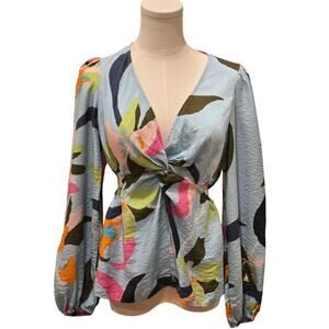 A New Day Blue Tropical Beachy Side Cutout V-Neck Long Sleeve Blouse Small